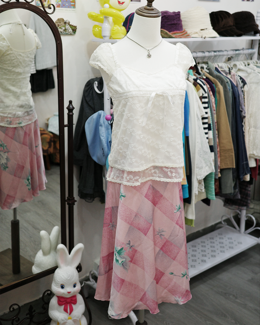 Pink Gingham Skirt with Floral Print