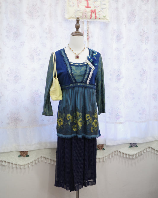 Teal & Navy Floral Lace Babydoll Blouse