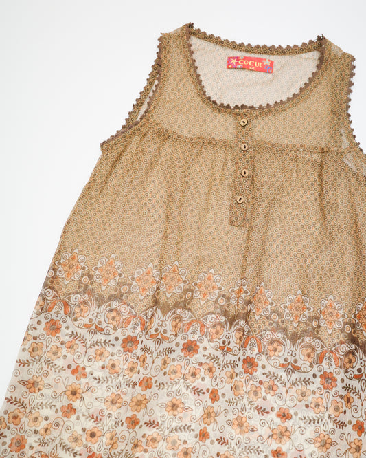 Cocue Brown-tone Sheer Floral Vest Dress