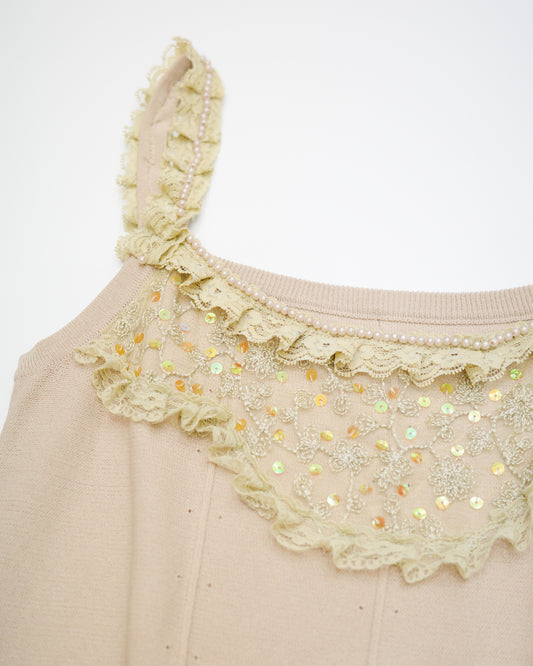 Cream Lace Cami w/ Pearl & Sequins Details