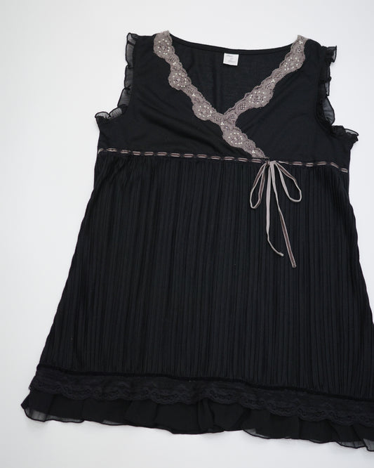 Black Wrap-Style Pleated Blouse