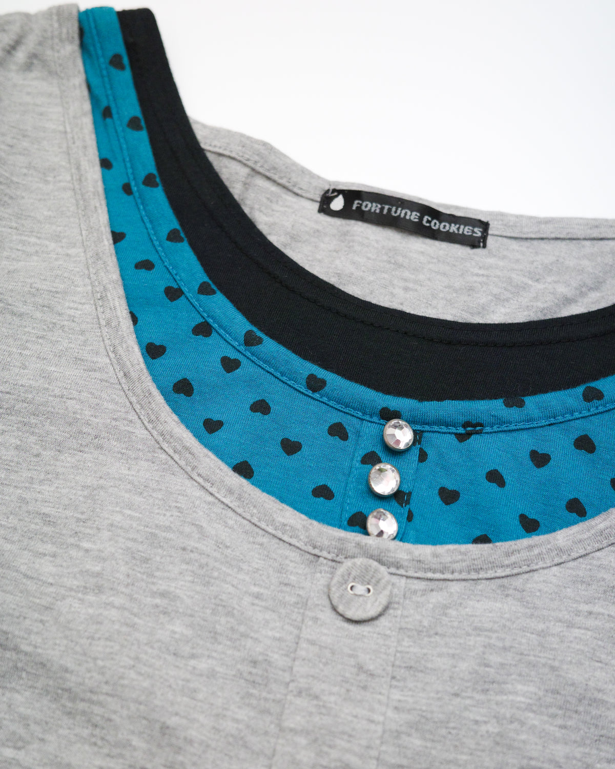 Grey & Teal Heart-Print Layered Tee