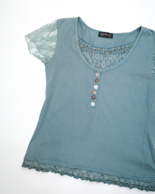 Teal Floral Lace Button Top