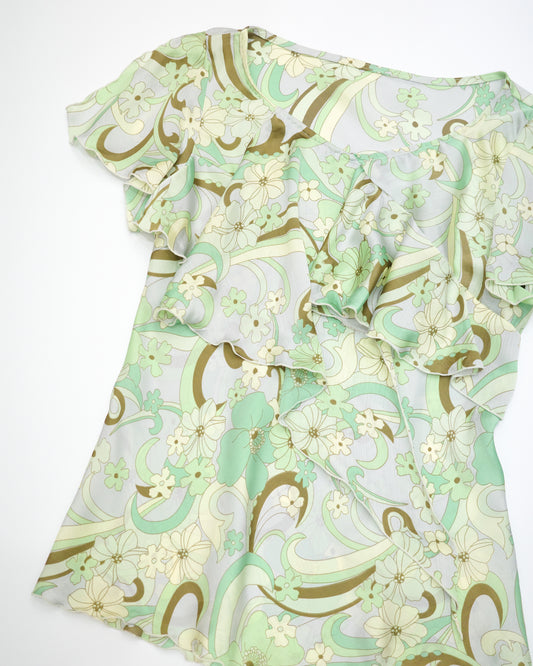 Green Swirl Floral Ruffle Blouse