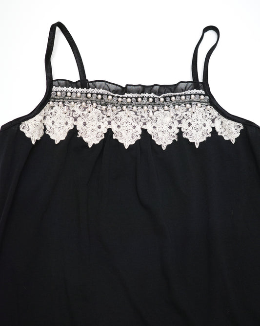 Axes Femme Black Cami with Lace & Pearls Trim