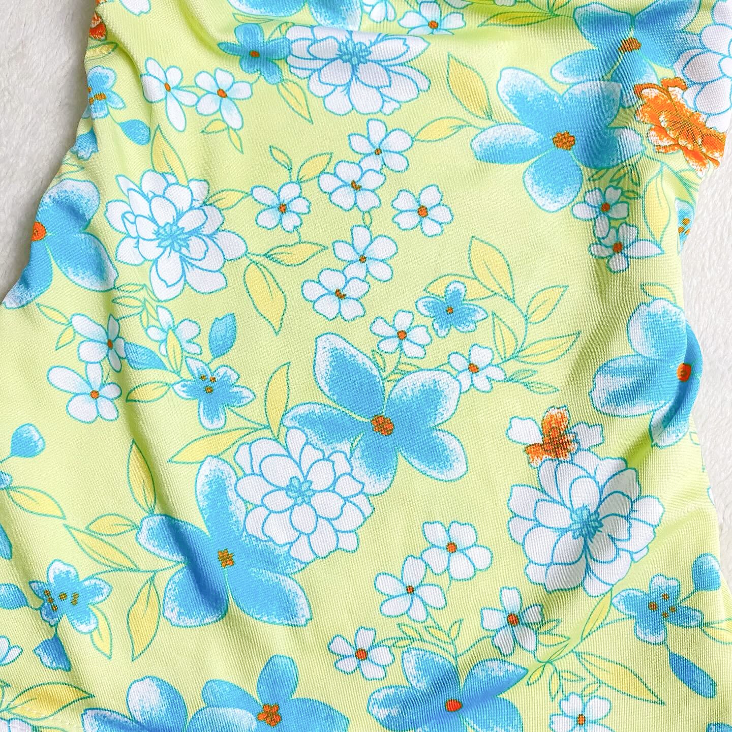 Yellow Slouchy Top w/ Blue Tone Flowers