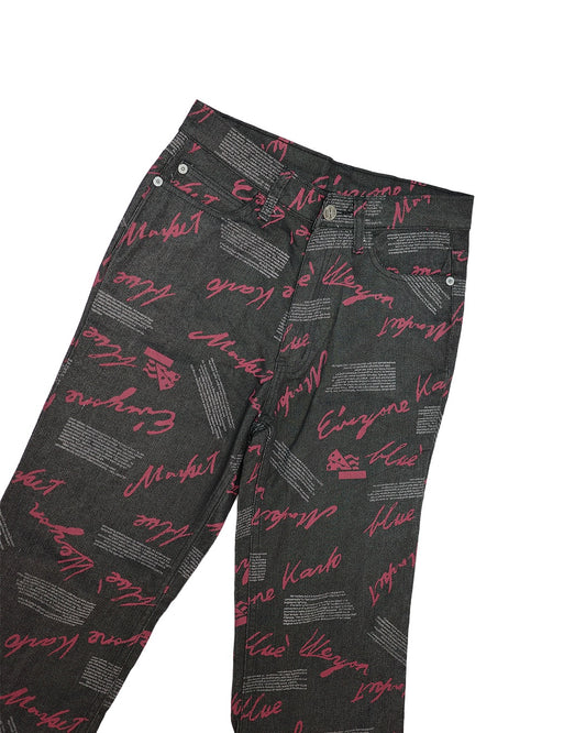 Black Flared Pants with Scribbles Print