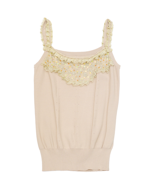 Cream Lace Cami w/ Pearl & Sequins Details