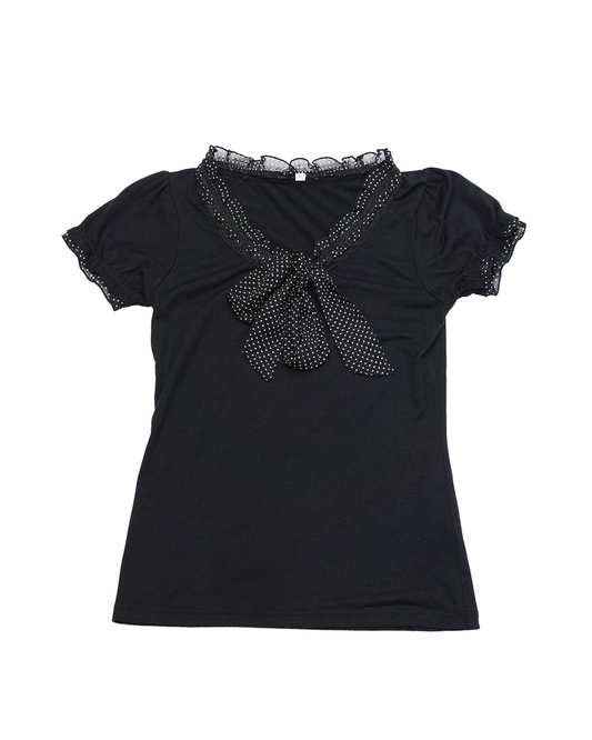 Black Polka Dot Ruffle Collar Tee