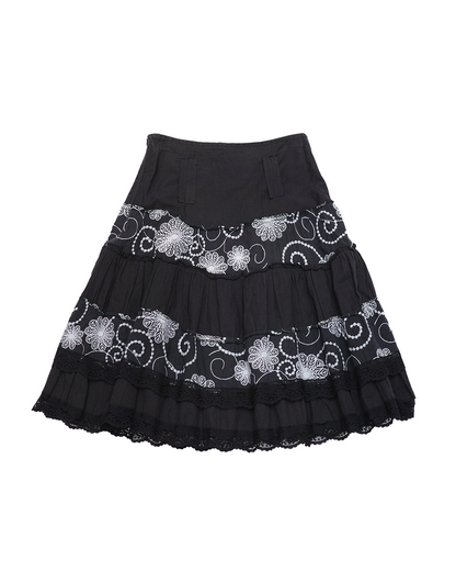 Black Floral Embroidered Tiered Skirt