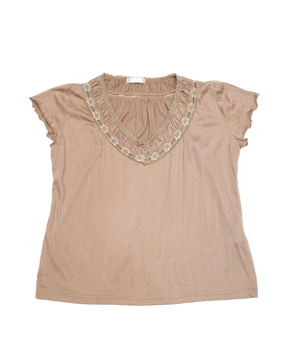 Mocha V-Neck with Floral Lace Trim