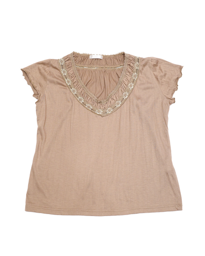 Mocha V-Neck with Floral Lace Trim