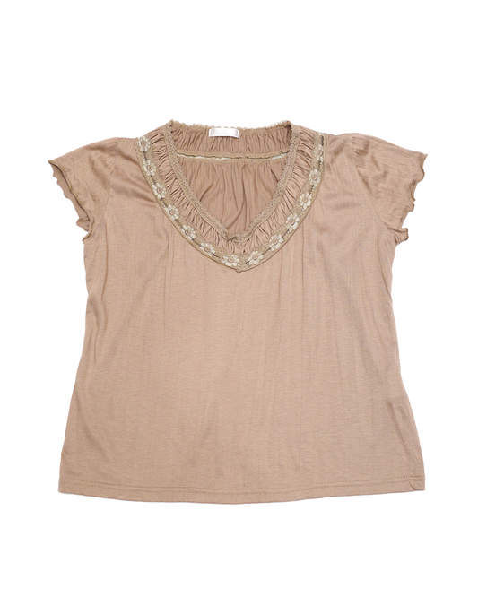 Mocha V-Neck with Floral Lace Trim