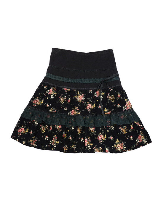 Black Floral w/ Green Lace Trim Corduroy Skirt