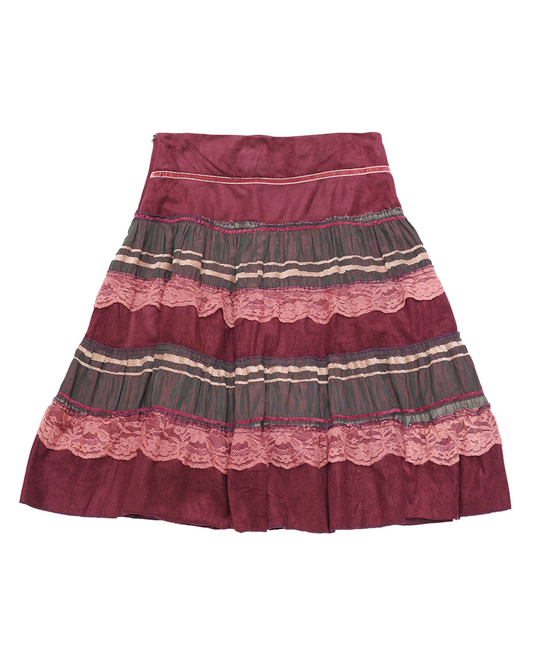 Burgundy Suede & Lace Tiered Skirt