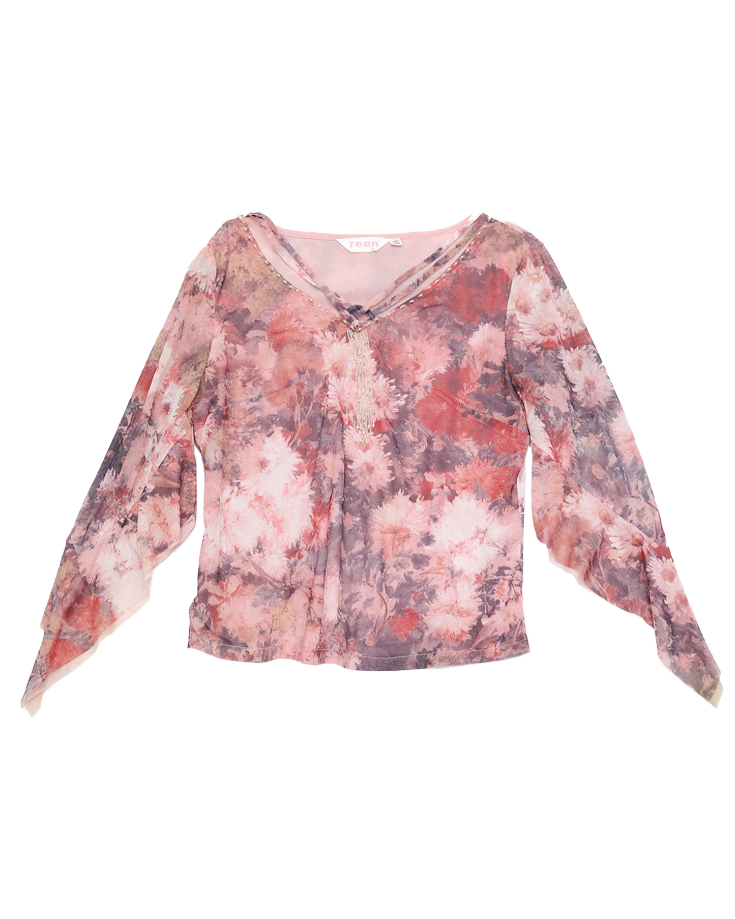 Abstract Watercolor Beaded Mesh Blouse
