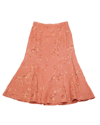 Terracotta Linen Floral Embroidered Skirt