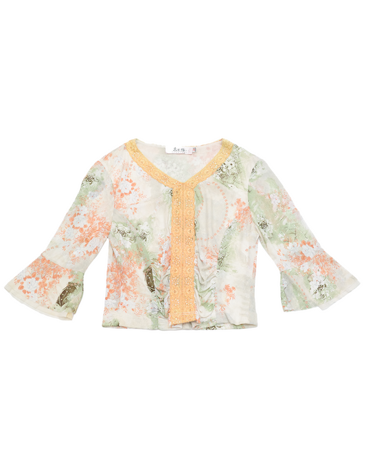 Sage & Peach Lace Trim Blouse