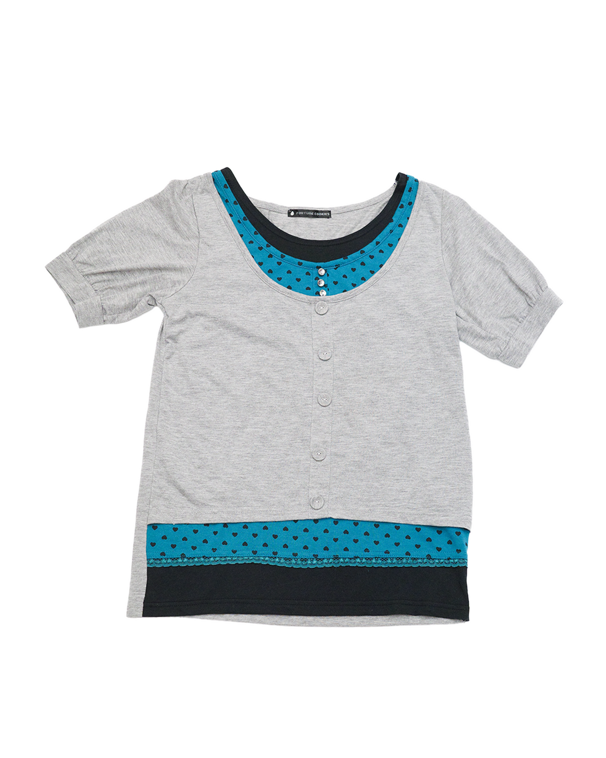Grey & Teal Heart-Print Layered Tee