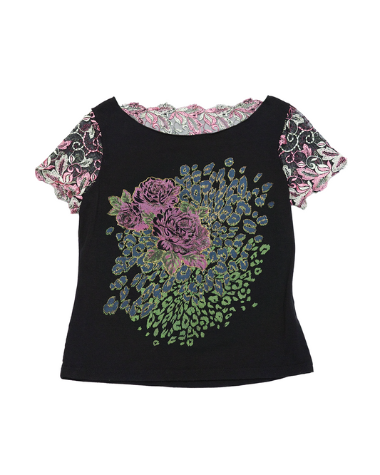 Black Tee with Floral Embroidery