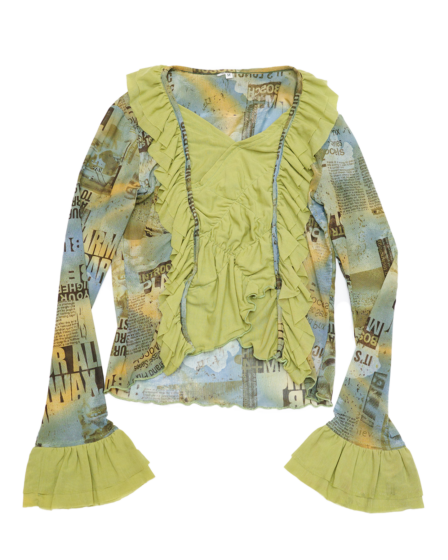 Olive Ruffle Newsprint Top