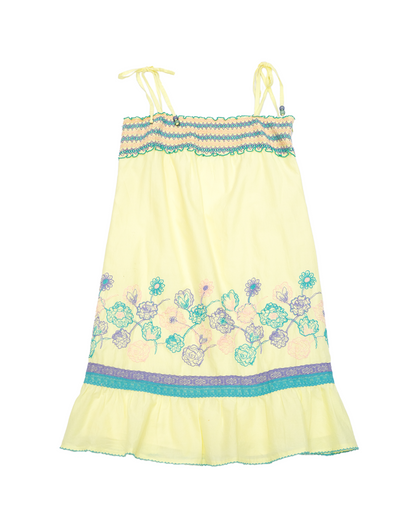 Yellow Embroidered Floral Smocked Cami Dress