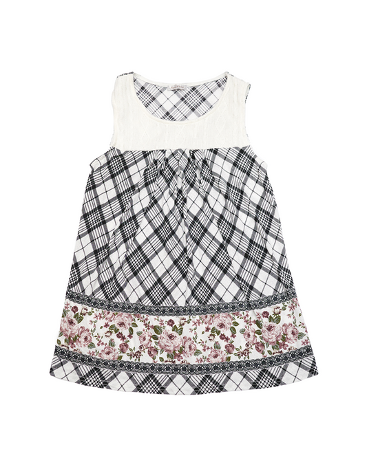 Black & White Plaid Tank Dress with Floral Print