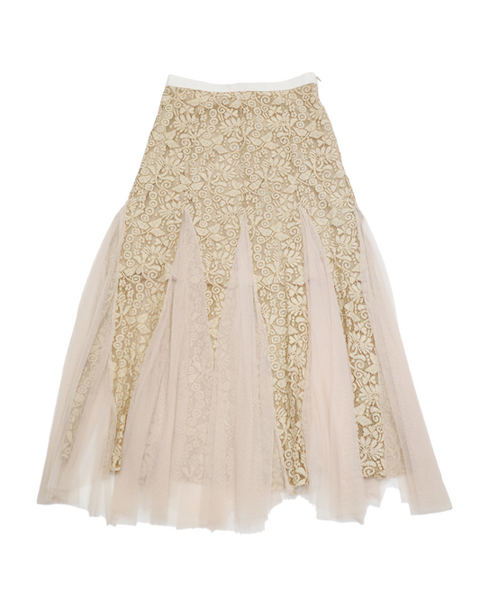 Beige Lace and Tulle Layered Maxi Skirt