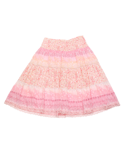 Pink Gradient Tiered Floral Ruffle Skirt