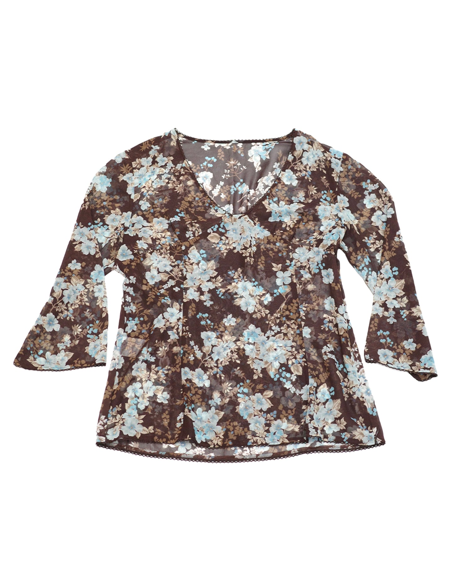 Brown Blue Floral Mesh Top