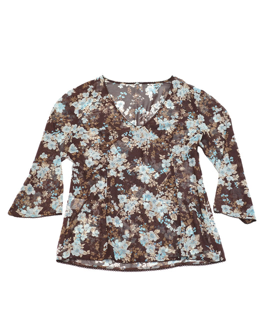Brown Blue Floral Mesh Top