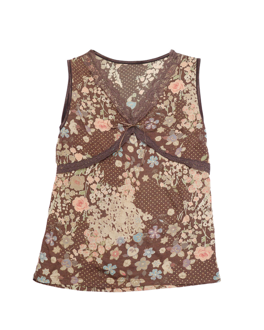 Brown Floral & Polka Dot Lace Trim Tank