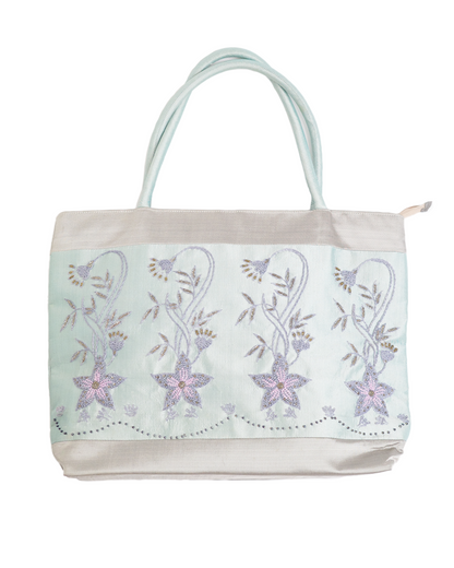 Blue Satin Starry Flowers Beaded Bag