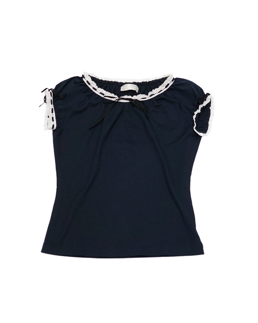 Jane Marple Black Top w/ Lace Trim