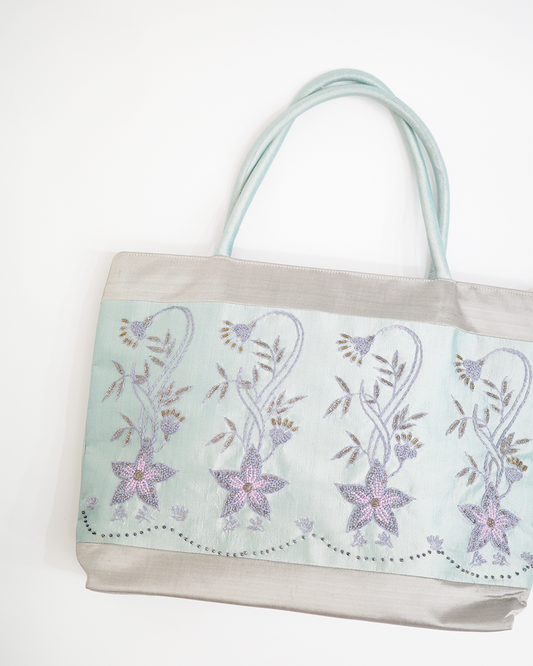 Blue Satin Starry Flowers Beaded Bag