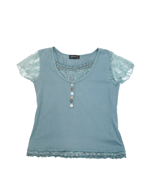 Teal Floral Lace Button Top