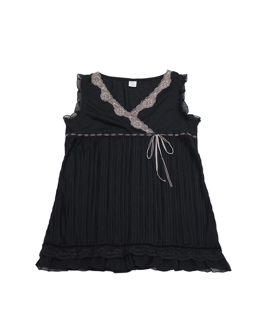 Black Wrap-Style Pleated Blouse