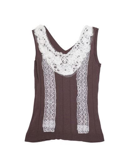 Brown Knit Tank with White Floral Lace