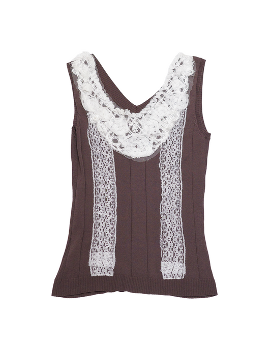 Brown Knit Tank with White Floral Lace