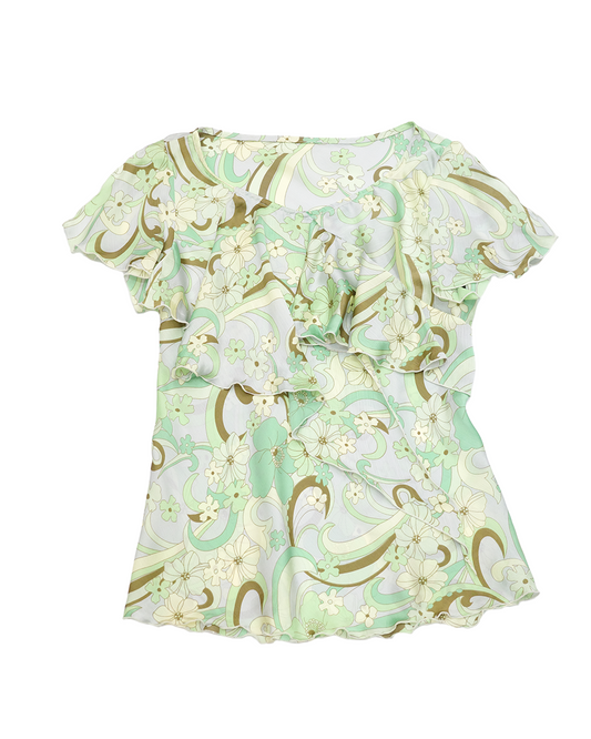 Green Swirl Floral Ruffle Blouse