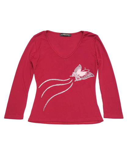 Crimson Butterfly V-Neck Top