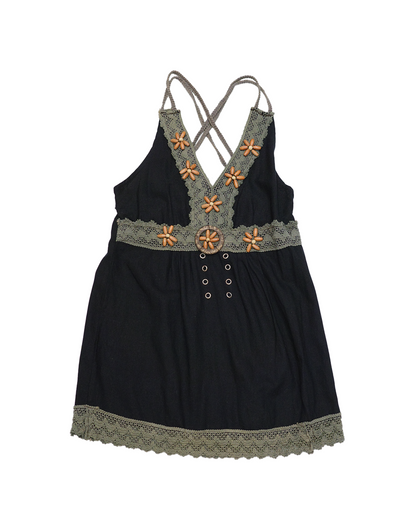 Black Cami w/ Wooden Flower Beads & Crochet Trim