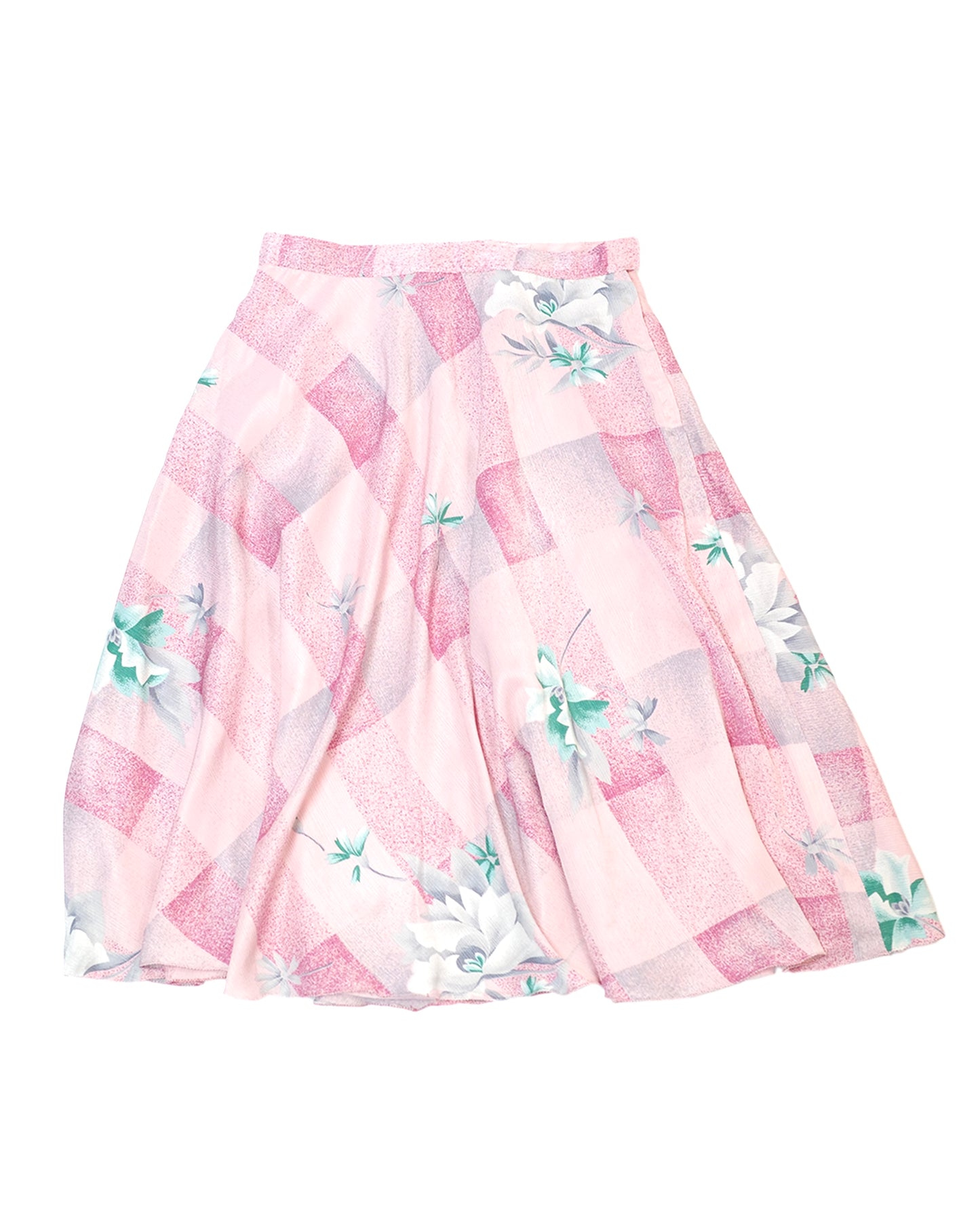 Pink Gingham Skirt with Floral Print