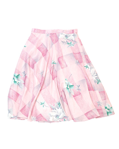 Pink Gingham Skirt with Floral Print