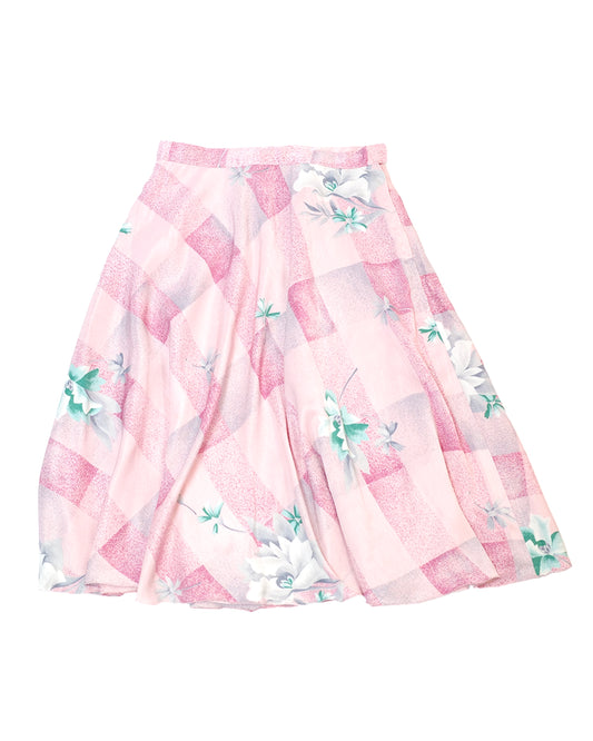 Pink Gingham Skirt with Floral Print