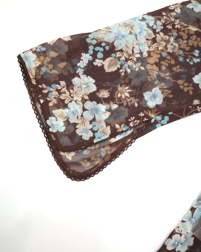 Brown Blue Floral Mesh Top