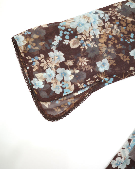 Brown Blue Floral Mesh Top