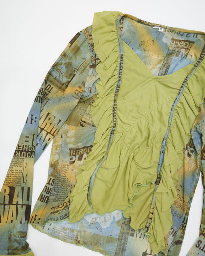 Olive Ruffle Newsprint Top