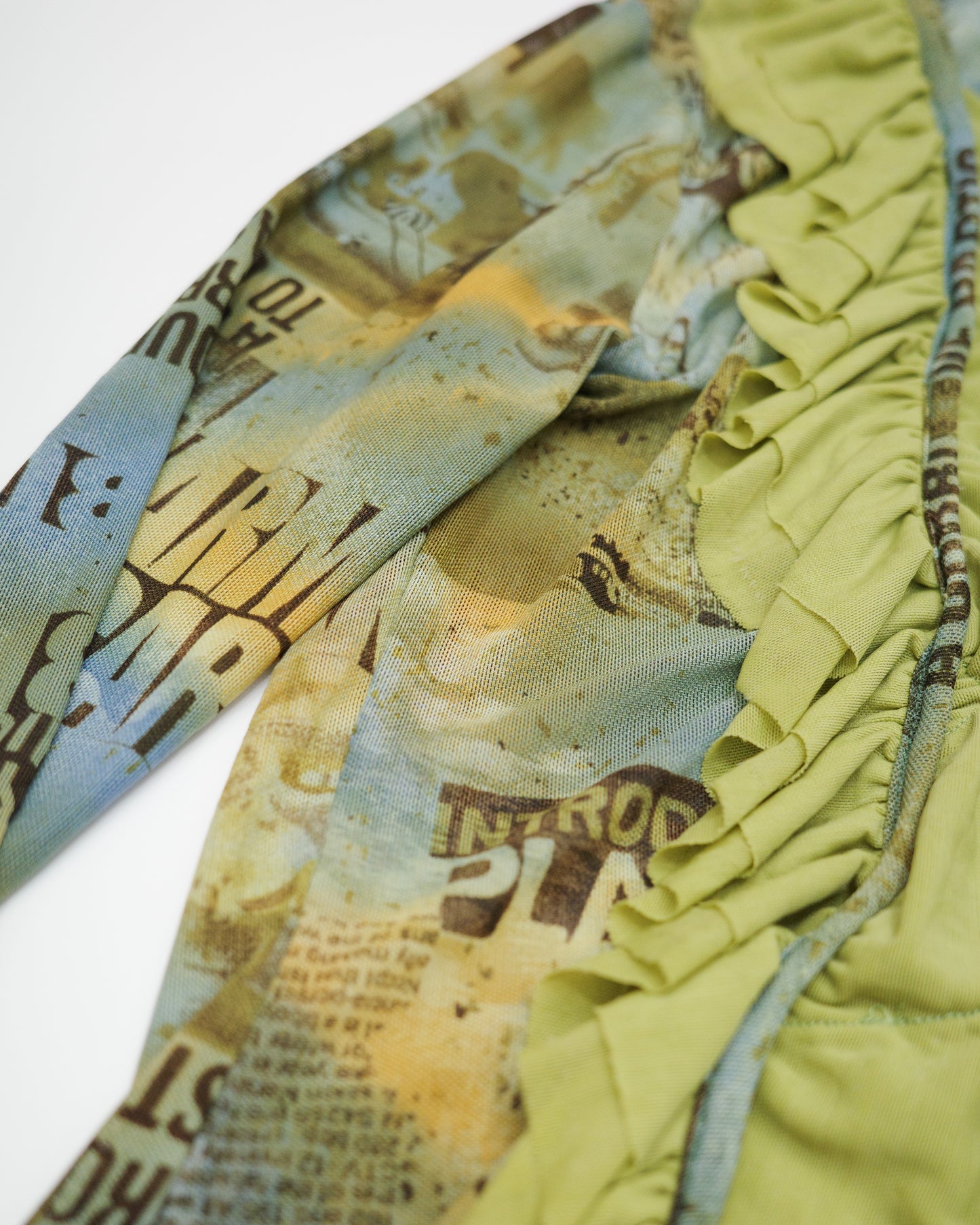 Olive Ruffle Newsprint Top