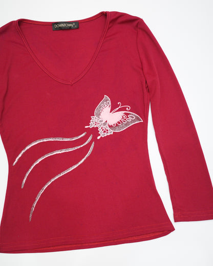 Crimson Butterfly V-Neck Top